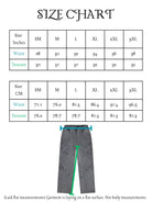 Size chart for pants with measurements in inches and centimeters, showing a pair of gray pants.