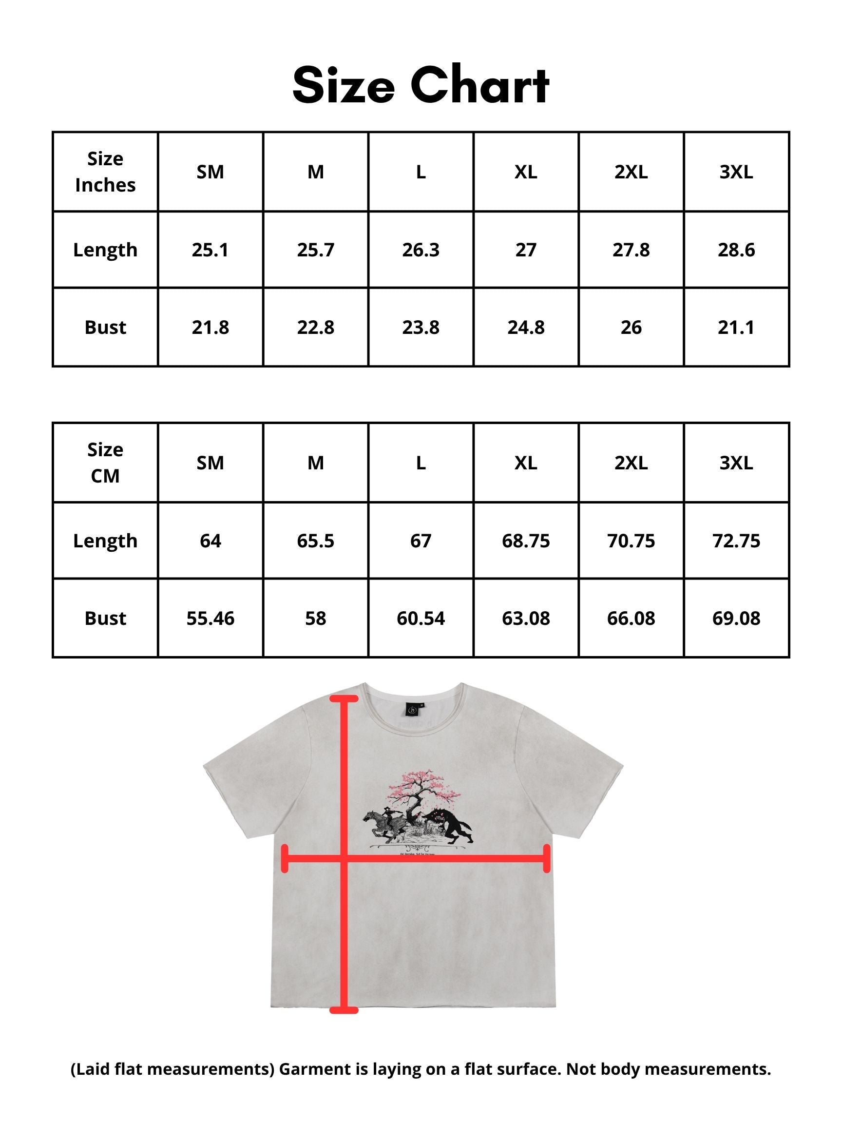 Vintage washed off-white mid length tee with original huntsmen fantasy inspired illustration with cherry blossom tree. Size Chart