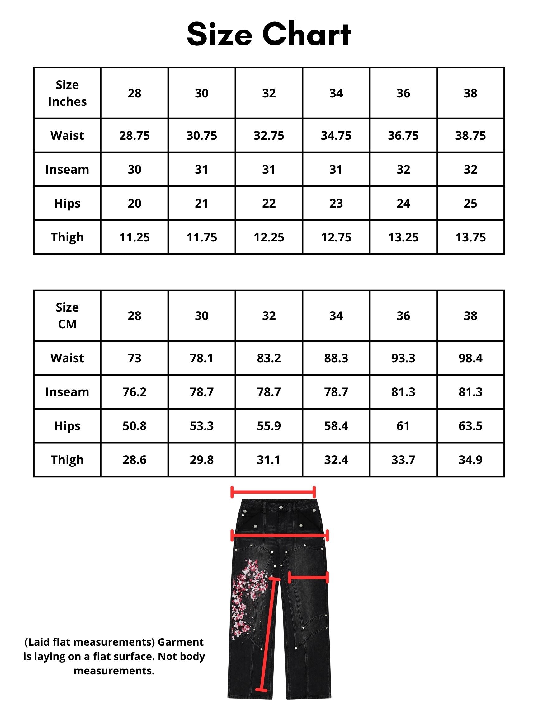 size chart for denim. 