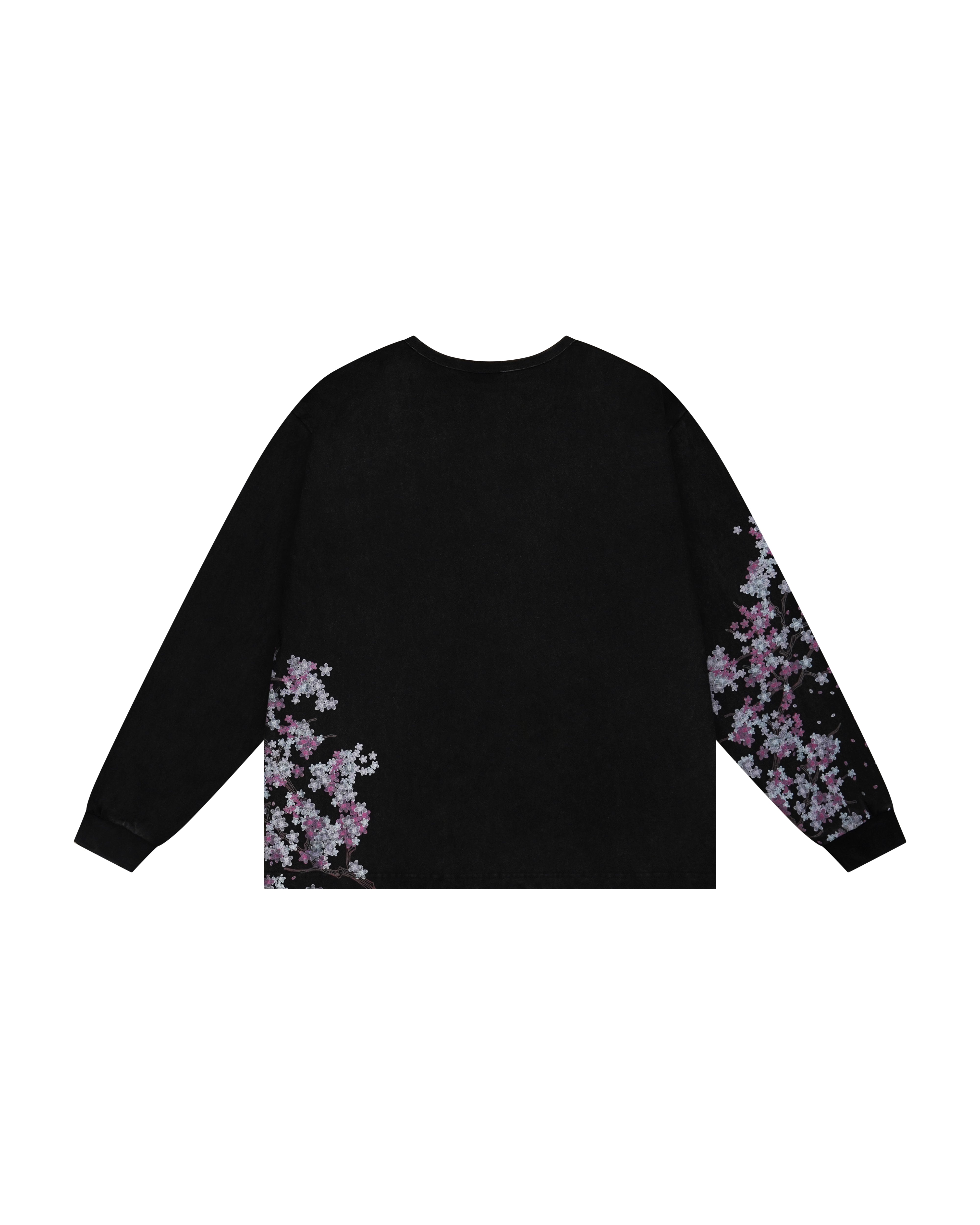 Black Henley long sleeve cotton tee with printed cherry blossom flower. 