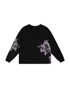 Black Henley long sleeve cotton tee with printed cherry blossom flower. 