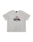 Vintage washed off-white mid length tee with original huntsmen fantasy inspired illustration with cherry blossom tree. 