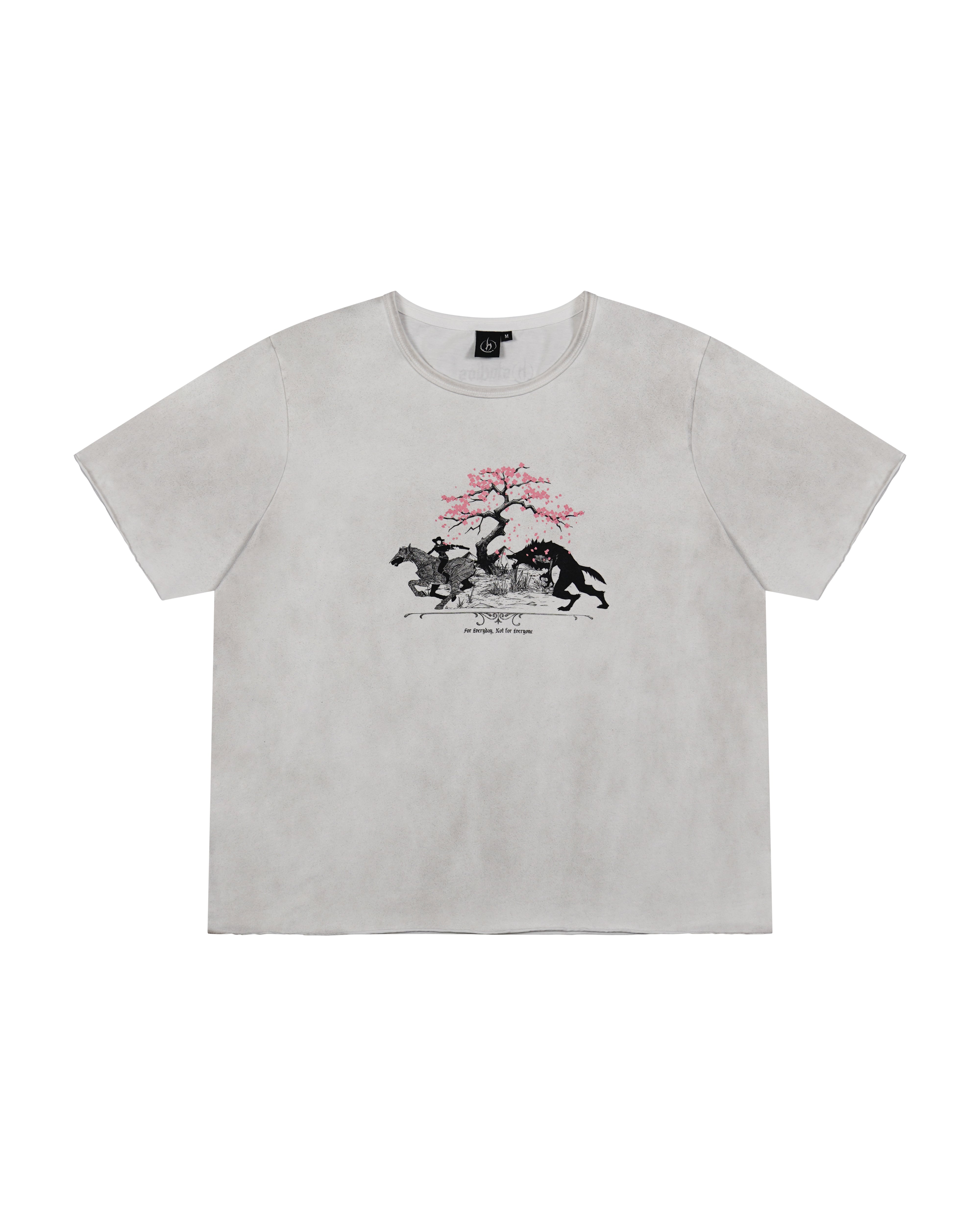 Vintage washed off-white mid length tee with original huntsmen fantasy inspired illustration with cherry blossom tree. 