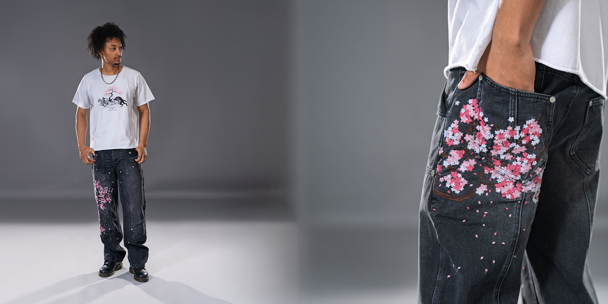Cherry Blossom fully embroidered denim. White basic tee with original huntsmen illustration. 
