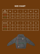 Size chart for a hoodie in inches and centimeters. 