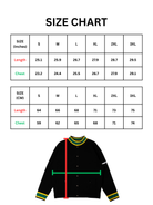 Size chart for a jacket with measurements in inches and centimeters, accompanied by an image of a black jacket.