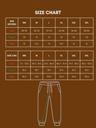 Size chart for pants in both inches and centimeters. 