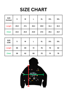 Size chart for a hoodie with measurements in inches and centimeters.