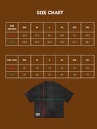 Size chart for a black shirt in both inches and centimeters. 