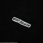 White logo on a black t-shirt.