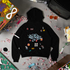 Black hoodie with colorful patches. 