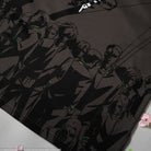 Black and white illustration of characters on a dark background. 